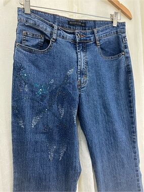 Vintage Juliette Jeans Mid Rise Bootcut Medium Wash Blue Floral Rhinestone